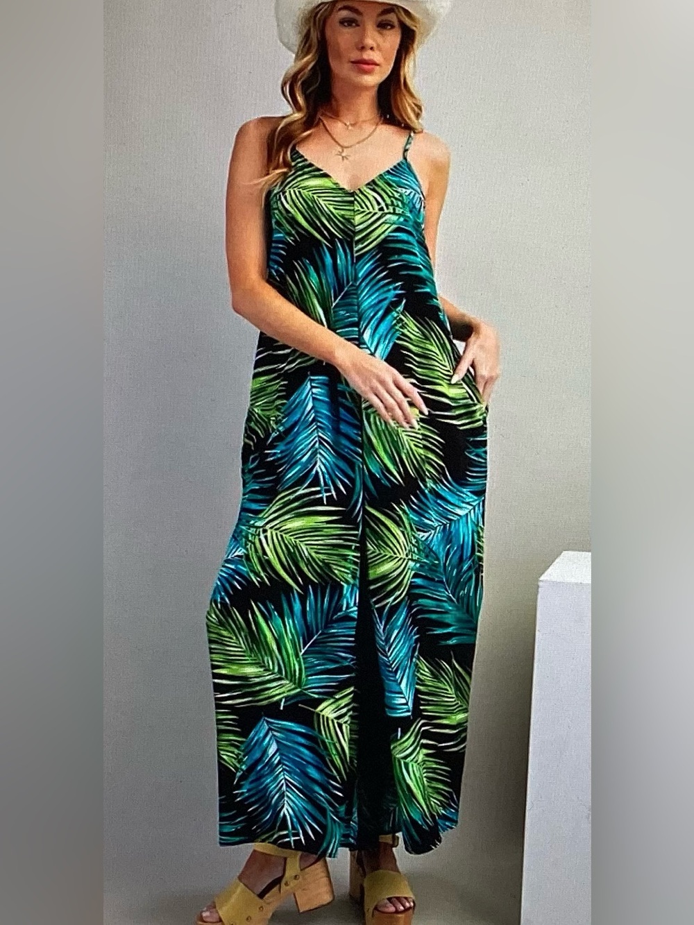 Easel Tropical Palm Print Romper - Black, Green & Teal